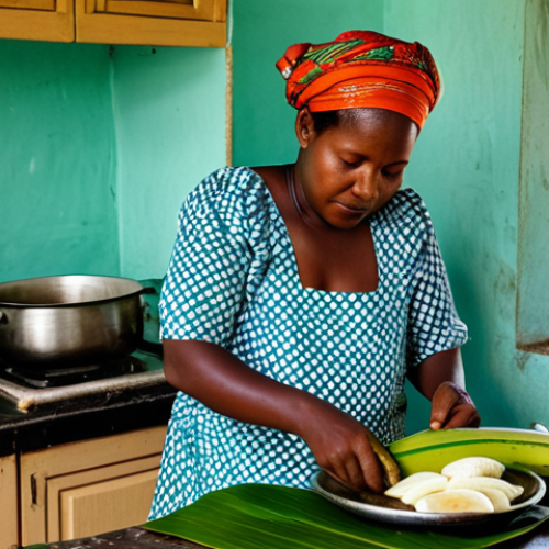 Home 7 Traditional Comorian Mataba Preparation**
"A Comorian woman in her kitchen, preparing Mataba. She is fully clothed in modest traditional clothing, wrapping fish and spices in banana leaves. The kitchen is simple and clean, with local ingredients visible. Safe for work, appropriate content, professional photography, perfect anatomy, natural proportions, modest, family-friendly."
**