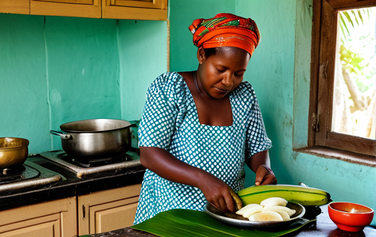 Traditional Comorian Mataba Preparation**

"A Comorian woman in her kitchen, preparing Mataba. She is fully clothed in modest traditional clothing, wrapping fish and spices in banana leaves. The kitchen is simple and clean, with local ingredients visible. Safe for work, appropriate content, professional photography, perfect anatomy, natural proportions, modest, family-friendly."

**